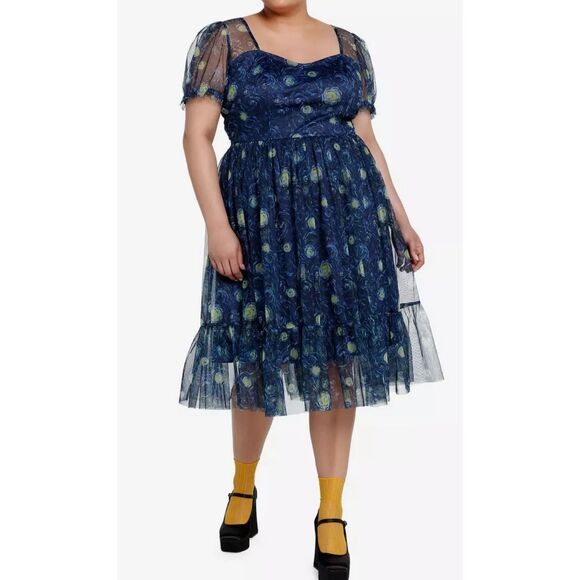 Hot Topic Thorn & Fable Starry Nights Mesh Puff Sleeve Dress New Plus Size 1 - Picture 8 of 8